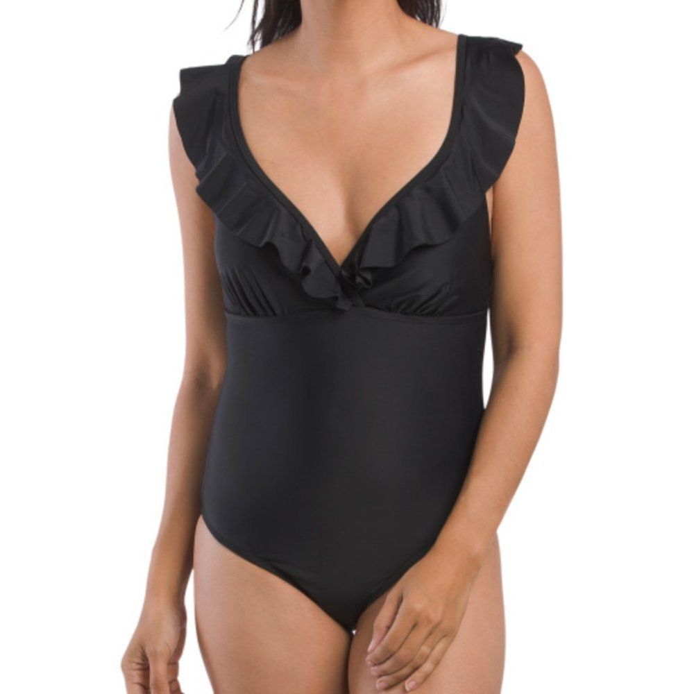 TAHARI Ruffle Surplice Black One-piece Swimsuit Size L